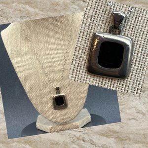 Black Silver Square Pendant Necklace As Is Slider Chain Lobster Claw Retro BoHo